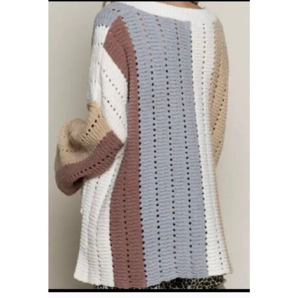 POL Oversized Open-Knit V-Neck Sweater Multi-Color Women’s Medium - Picture 2 of 8